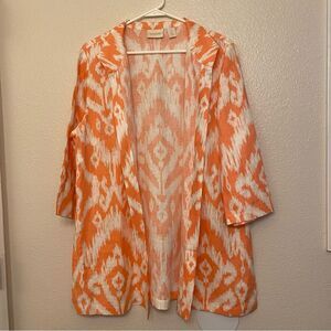Chicos coral IKAT Print 100% Linen cardigan jacket Sunrise Orange EUC 2 L 12
